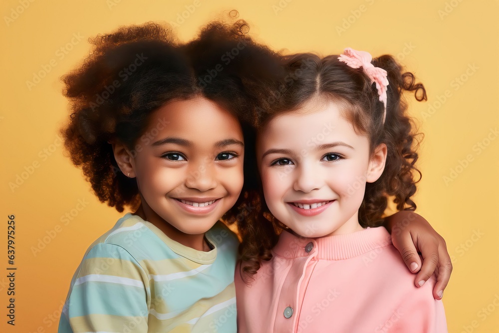 group of a diverse child friendship on pastel color background, Standing Together portrait fun multiracial group of a diverse child friendship on pastel color background, Standing Together portrait fun multiracial