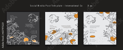 Social media post template in black white of coffee doodle art background for coffee day campaign