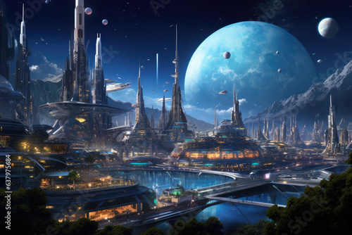 Futuristic Cityscape: A three-dimensional illustration of a modern metropolis with skyscrapers, showcasing a futuristic and creative urban landscape, perfect for concepts related to city life © STORYTELLER