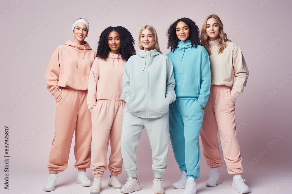group of women of different sizes and various races standing together in tracksuits on a pastel color background group of women of different sizes and various races standing together in tracksuits on a pastel color background
