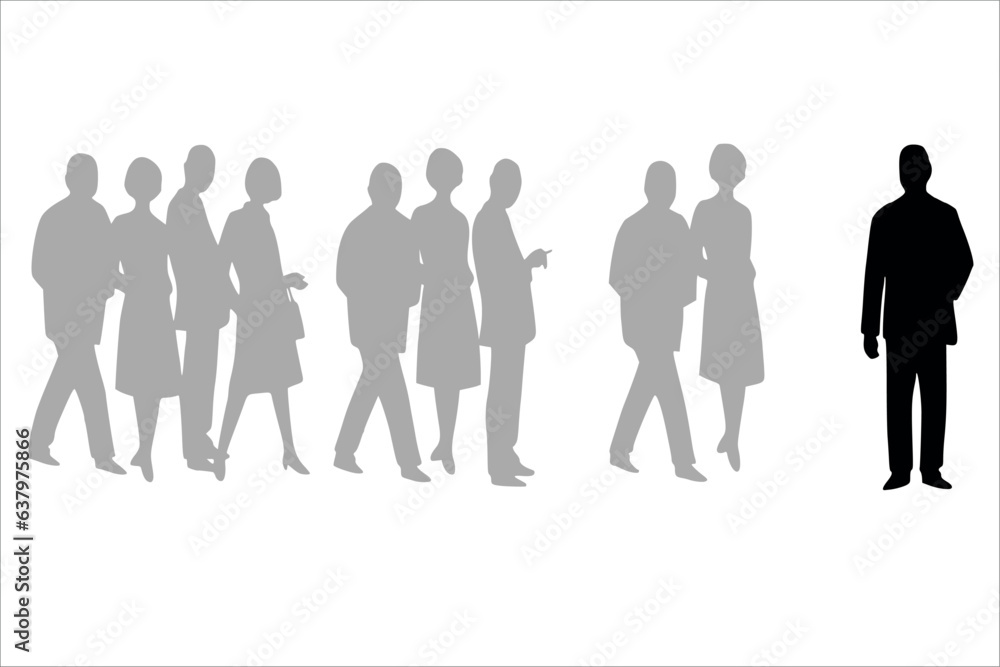Isolation: A man feels isolated close to a group. The background is isolated on white. Isolation: A man feels isolated close to a group. The background is isolated on white.