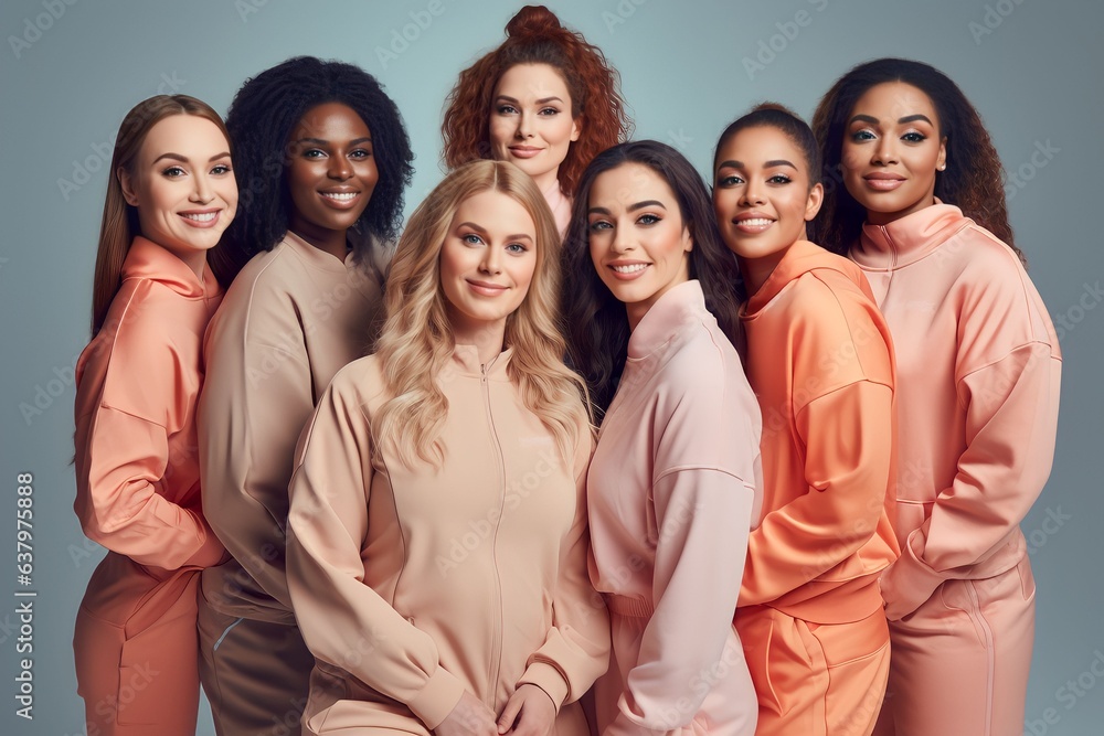 group of women of different sizes and various races standing together in tracksuits on a pastel color background group of women of different sizes and various races standing together in tracksuits on a pastel color background