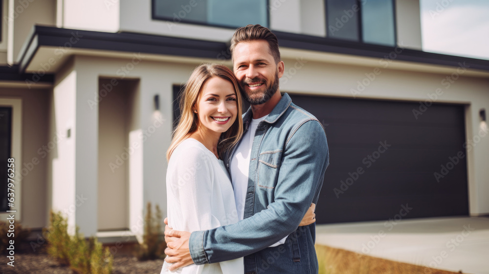 Happy young couple standing in front of new home. Husband and wife buying new house. Lifestyle real estate concept. Generative AI Happy young couple standing in front of new home. Husband and wife buying new house. Lifestyle real estate concept. Generative AI