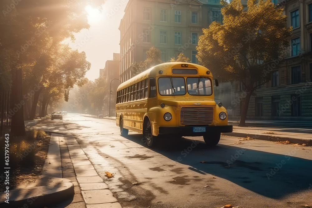 Fototapeta premium A new yellow school bus on a sunny day on the streets of a beautiful stylish city pastel yellow color. Generative AI.