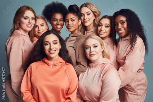 group of women of different sizes and various races standing together in tracksuits on a pastel color background © A Denny Syahputra