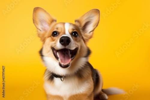 Photo of a joyful corgi dog sitting on a vibrant yellow background with an open mouth created with Generative AI technology