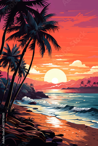 Tropical beach view landscape with vibrant sunrise light flat 2d vector illustration 