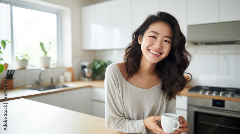 Beautiful woman smiling with a cup of coffee in the kitchen of her home Beautiful woman smiling with a cup of coffee in the kitchen of her home