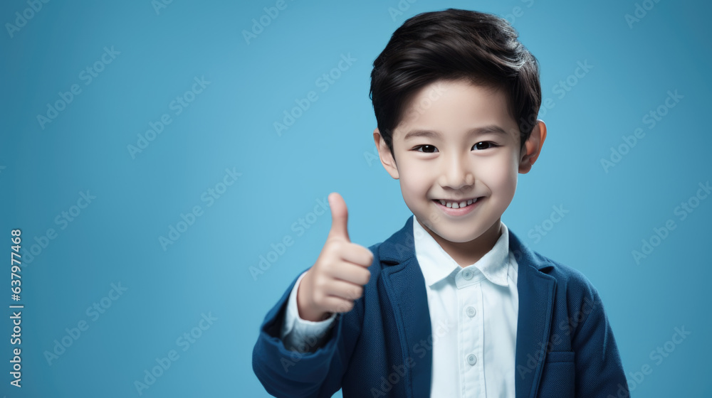 Little boy holding his thumb up against a blue background. Little boy holding his thumb up against a blue background.