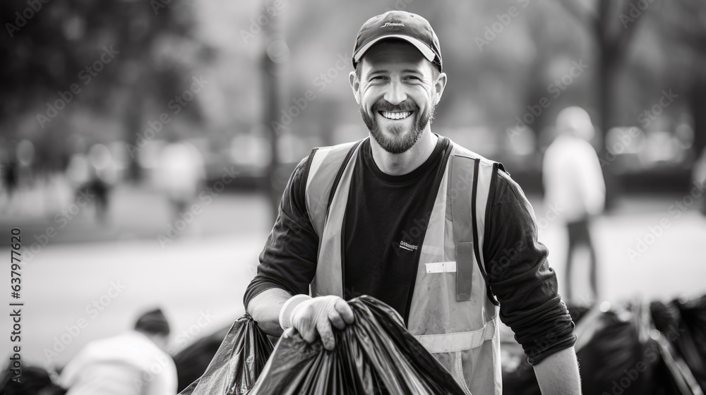 Fototapeta premium Volunteer holds a bag full of trash.