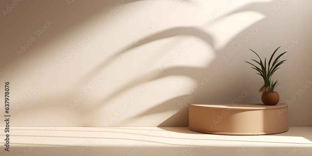 Blank beige brown cement curve counter podium with texture, soft beautiful dappled sunlight, leaf shadow on white wall for luxury organic cosmetic, skincare, beauty treatment product background 3D Blank beige brown cement curve counter podium with texture, soft beautiful dappled sunlight, leaf shadow on white wall for luxury organic cosmetic, skincare, beauty treatment product background 3D