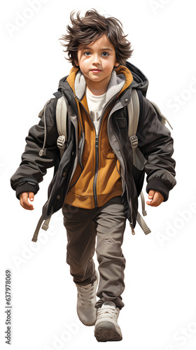 student little boy wearing winter jacket. carrying bag isolated on transparent background - Generative AI