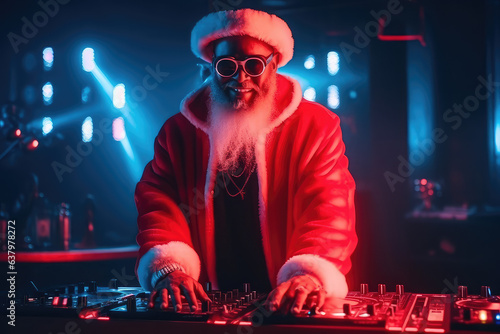 A real Santa Claus in a red sut and a Santa hat is looking at the room and laughing. Santa Claus playing music in the club, DJ, neon lights. Generative AI.