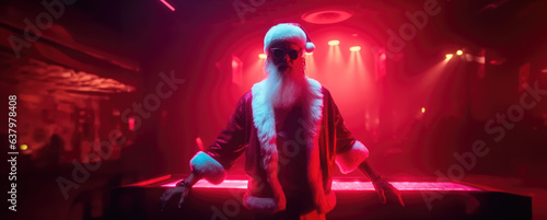 A real Santa Claus in a red sut and a Santa hat is looking at the room and laughing. Santa Claus himself is dancing on a bar stage, neon light Generative AI.