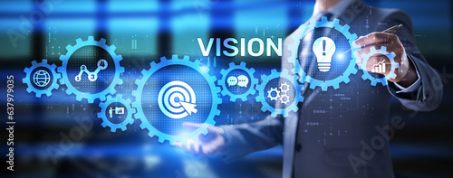 Vision mission business development strategy concept on virtual screen.