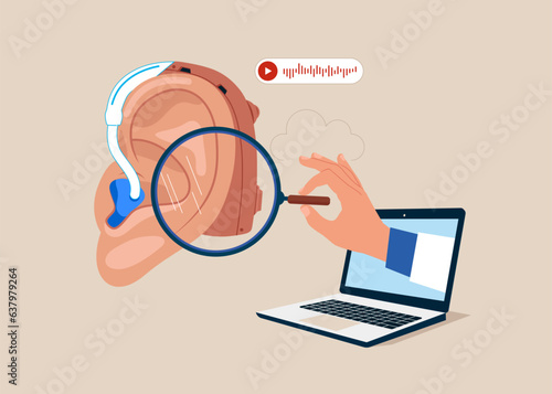 Ear, otoscope, hearing aid device symbol. Vector flat medical illustration. 
