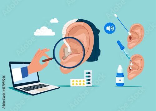 Removing cerumen, otitis treatment with serum medical drops. Personal hygiene routine and care. 