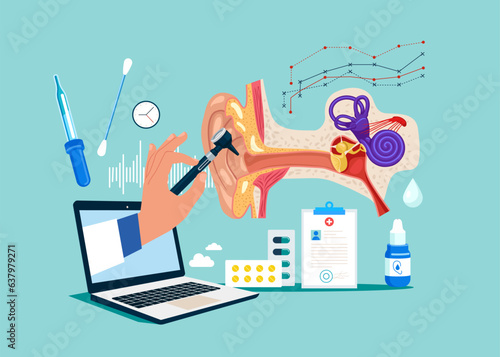 Deafness examination and treatment. Otolaryngology clinic concept. Flat vector illustration