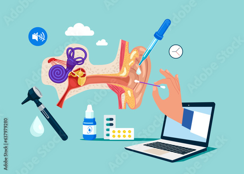Otolaryngologist. Deafness examination and treatment. Flat vector illustration.