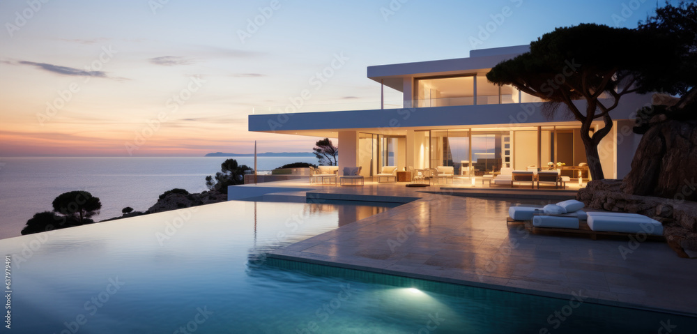 villa blanche de luxe avec piscine et vue sur la mer Méditerranée au coucher du soleil - obrazy, fototapety, plakaty 