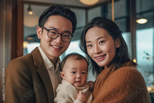 Within a modern business family\'s household, a couple donned in contemporary attire joyfully cradles their newborn  exuding an atmosphere of happiness and unity. Generative AI.