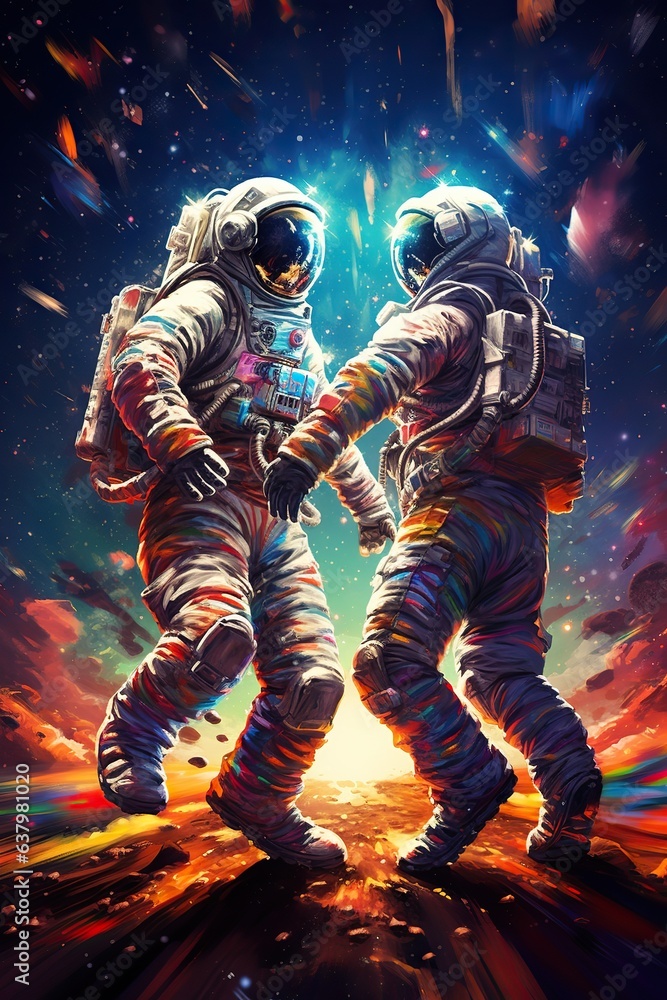 two astronauts, dressed in spacesuits, are floating in zero gravity while dancing closely. The background is a breathtaking view of the galaxy