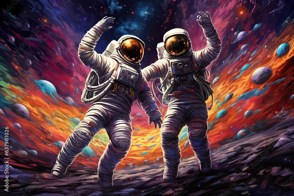 Fototapeta premium two astronauts, dressed in spacesuits, are floating in zero gravity while dancing closely. The background is a breathtaking view of the galaxy