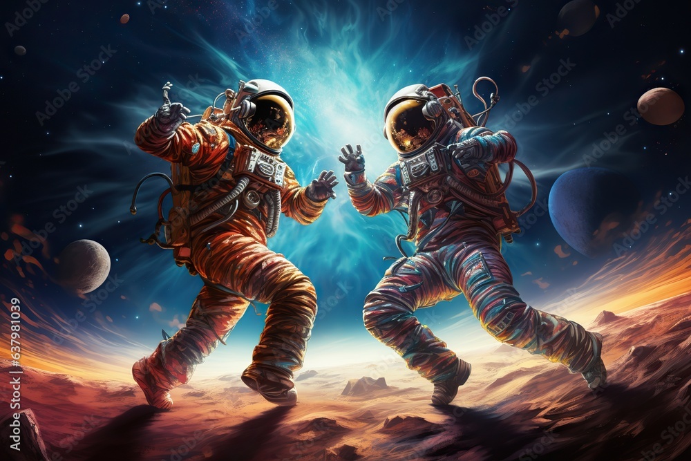 Fototapeta premium two astronauts, dressed in spacesuits, are floating in zero gravity while dancing closely. The background is a breathtaking view of the galaxy