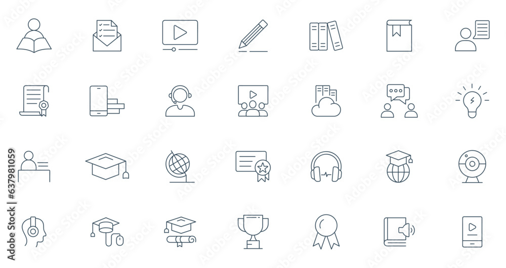 Business Training Related Line Icons. online class, eLearning, Teacher, Class, Presentation, Video, Book, Mentoring icon vector.
