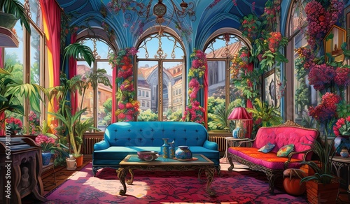 a brightly colored living room with high ceilings and couches, in the style of crimson and azure