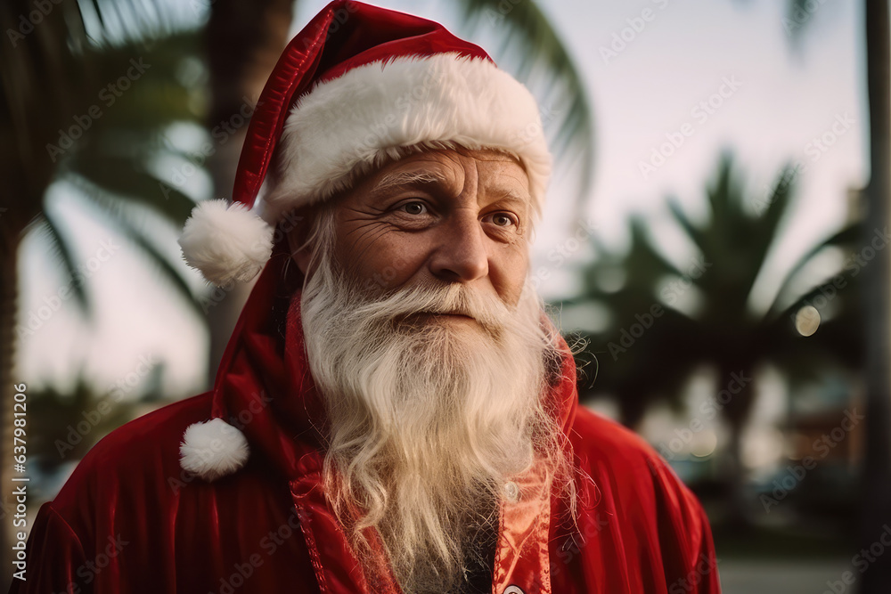Santa Claus on vacation in summer, Santa in a red suit and hat under a palm tree in summer on a trip. Last minute trip. Generative AI. Santa Claus on vacation in summer, Santa in a red suit and hat under a palm tree in summer on a trip. Last minute trip. Generative AI.