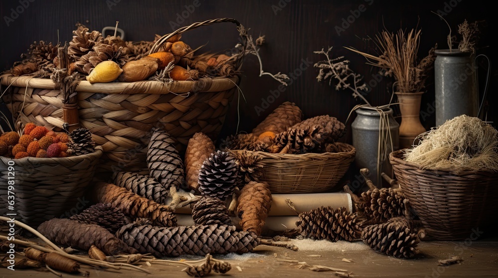 A rustic display of pinecones, acorns, and dried corn husks, capturing the essence of a bountiful harvest - Generative ai