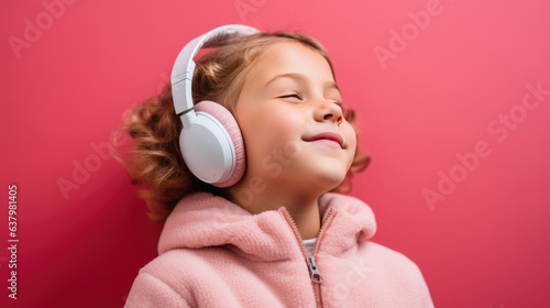 irl wearing headphones on a pink background listening to her favorite music.