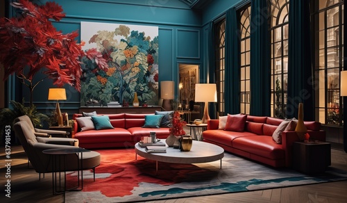 a colorful living room with many art pieces, teal and red, atmospheric environments, pre world war ii school of paris