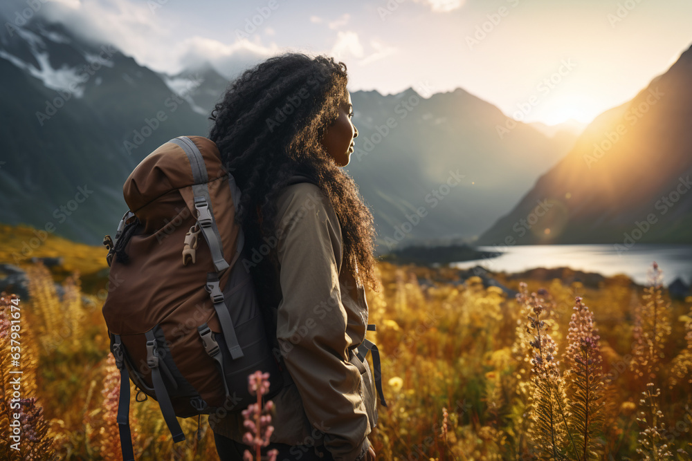 black woman backpacker hiking in the mountains alone in the valley with flowers, golden hour black woman backpacker hiking in the mountains alone in the valley with flowers, golden hour