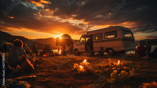 Sunset Serenade: A close-up of a camper playing a guitar, serenading the group as they gather to watch the sun dip below the horizon