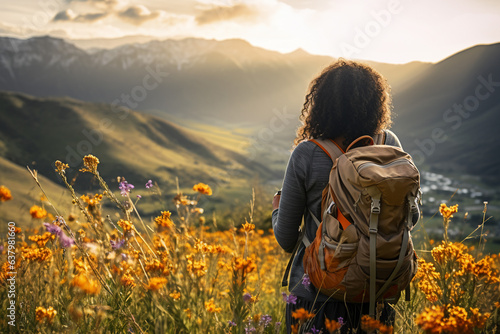 black woman backpacker hiking in the mountains alone in the valley with flowers, golden hour