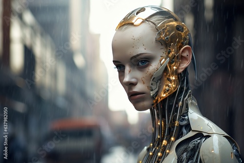 an illustration of a female robot in a futuristic style, light gold and white, human connections, mind bending murals photo