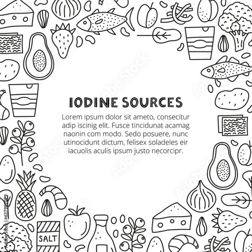 Poster with lettering and doodle outline iodine foods sources.
