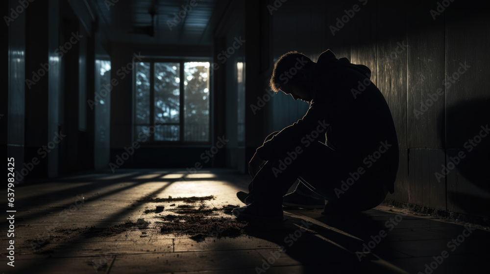Depressed man in a dark corridor of a building. Depressed man in a dark corridor of a building.