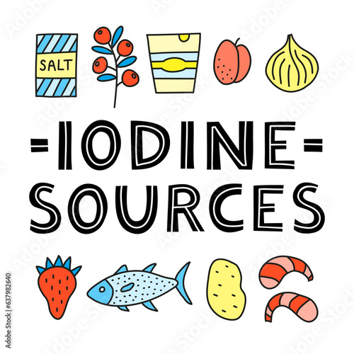 Poster with doodle colored iodine foods sources.