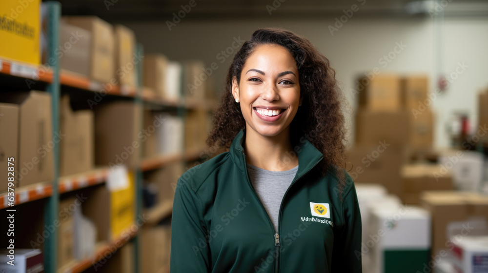 Woman working in a warehouse stands against a backdrop of cardboard boxes and racks Woman working in a warehouse stands against a backdrop of cardboard boxes and racks