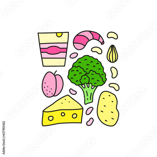 Group of doodle colored iodine food sources.