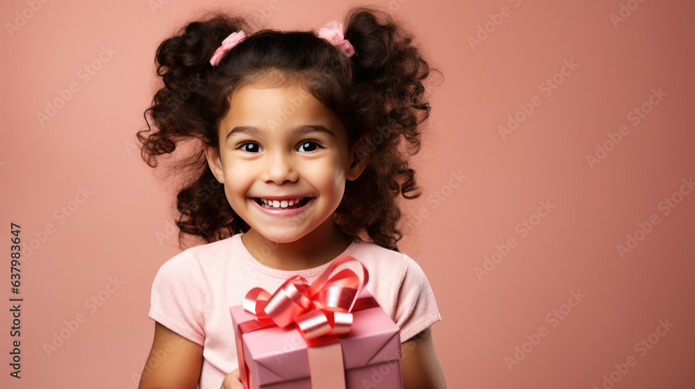 Happy smiling girl holding gift box on a colored background Happy smiling girl holding gift box on a colored background