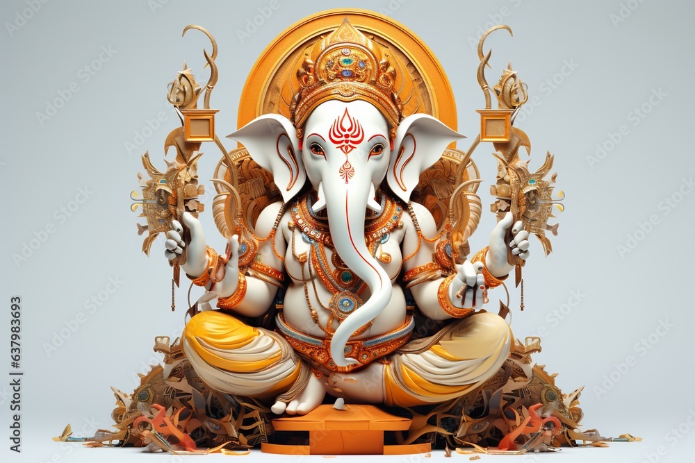 Ganesha Hindu God , with flowers, oil painting taken up into heaven, sitting in front of bokeh mandala background - obrazy, fototapety, plakaty 