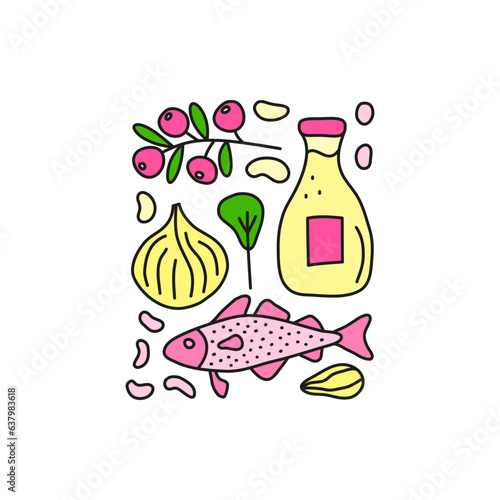 Group of doodle colored iodine food sources.