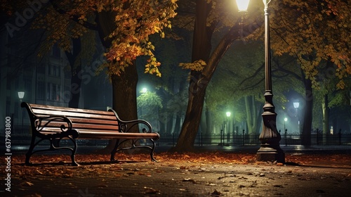 Bench by the roadside with overhead spotlight at night, generated by ai