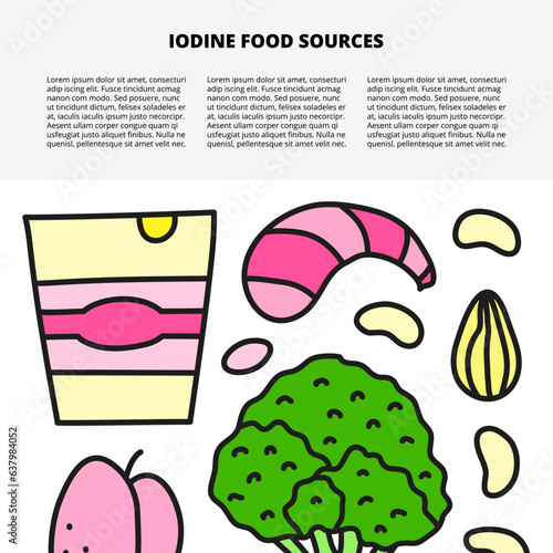 Article template with doodle colored iodine food sources.