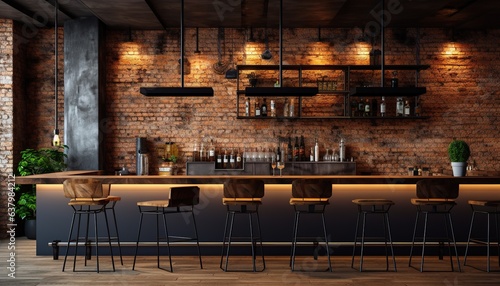 Interior of cozy restaurant, loft style, with bar and chairs with concrete walls and wooden floor indoors photo