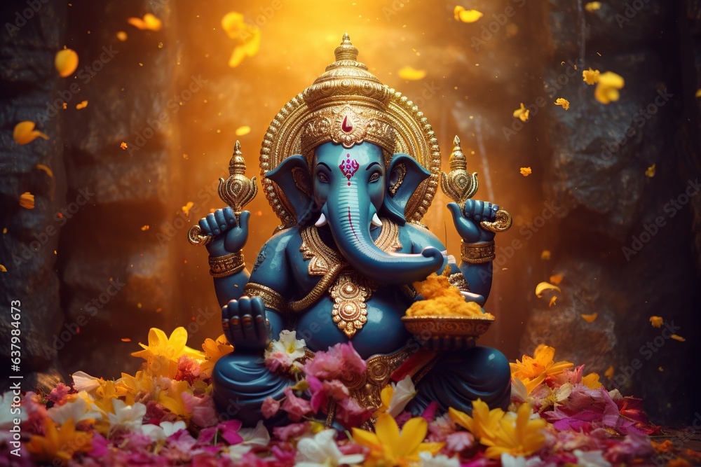 Ganesha Hindu God , with flowers, oil painting taken up into heaven, sitting in front of bokeh mandala background - obrazy, fototapety, plakaty 